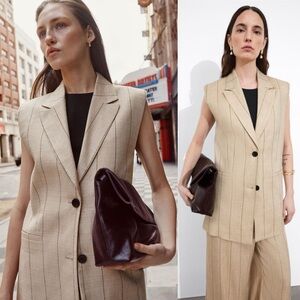& Other Stories Linen-Blend Blazer Waistcoat Tan Pinstripe Tailored Vest Size 2